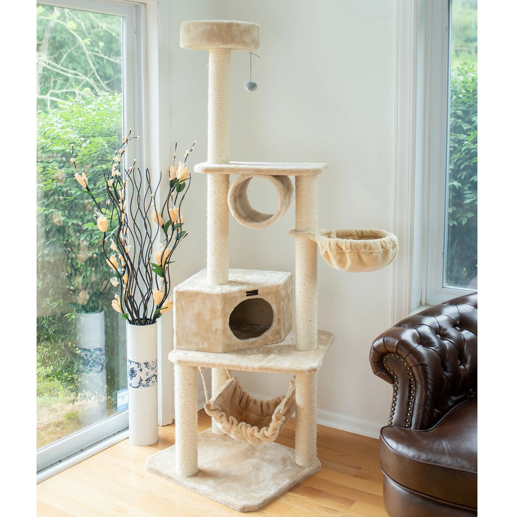 Real Wood 72" H Pet Cat Tower W Lounge Basket, Perch, A7204