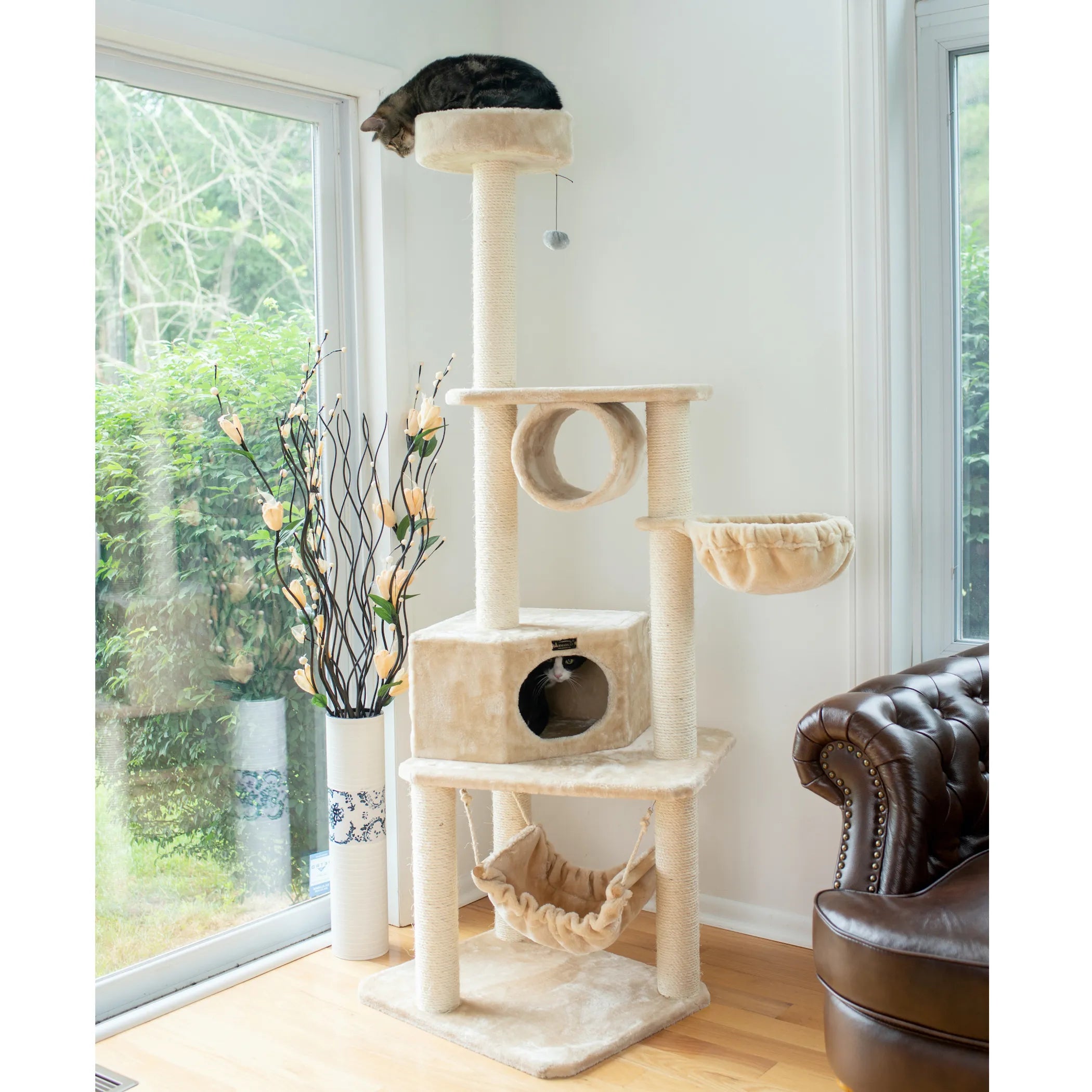 Real Wood 72" H Pet Cat Tower W Lounge Basket, Perch, A7204